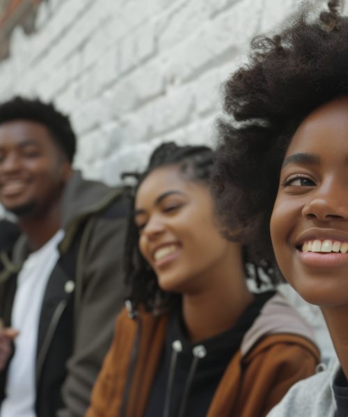 Three young adults are sitting and laughing against a brick wall.